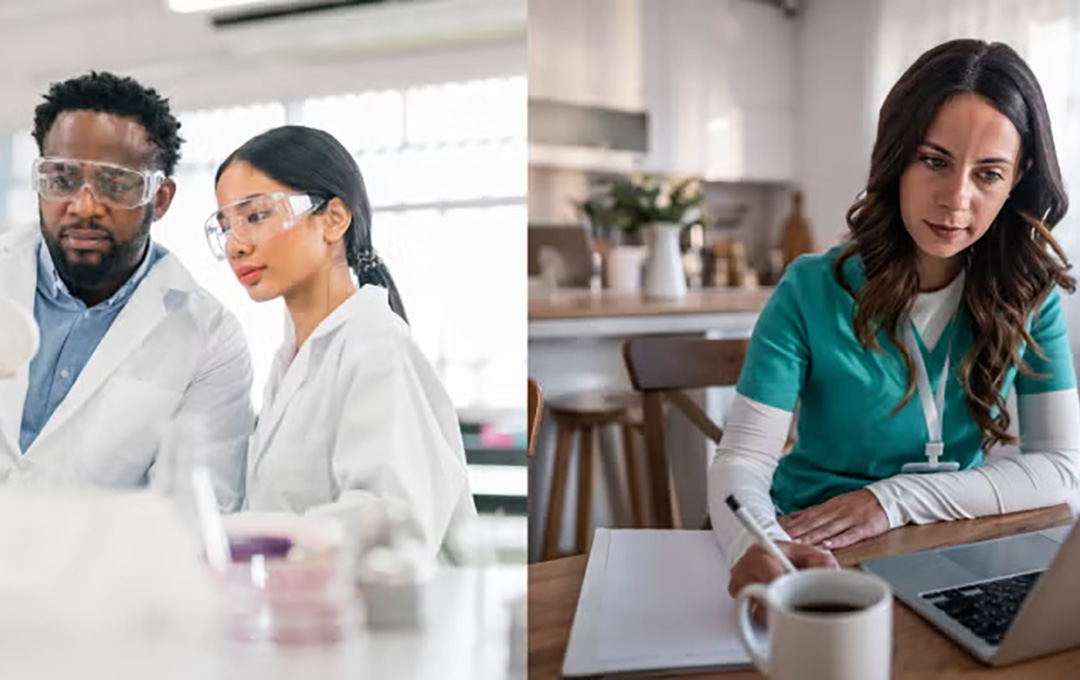 Split-screen image showing two healthcare-related work settings: on the left, two people in white lab coats and safety goggles collaborating in a laboratory; on the right, a healthcare professional in teal scrubs working on a laptop and taking notes at a table.