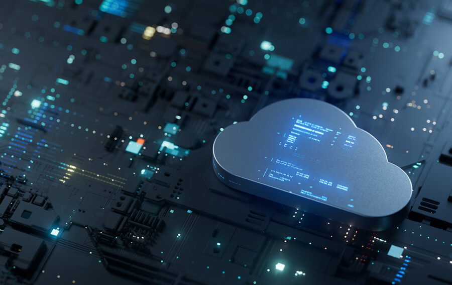 Digital cloud icon glowing above a circuit board, representing cloud computing, data storage, and connected technology.