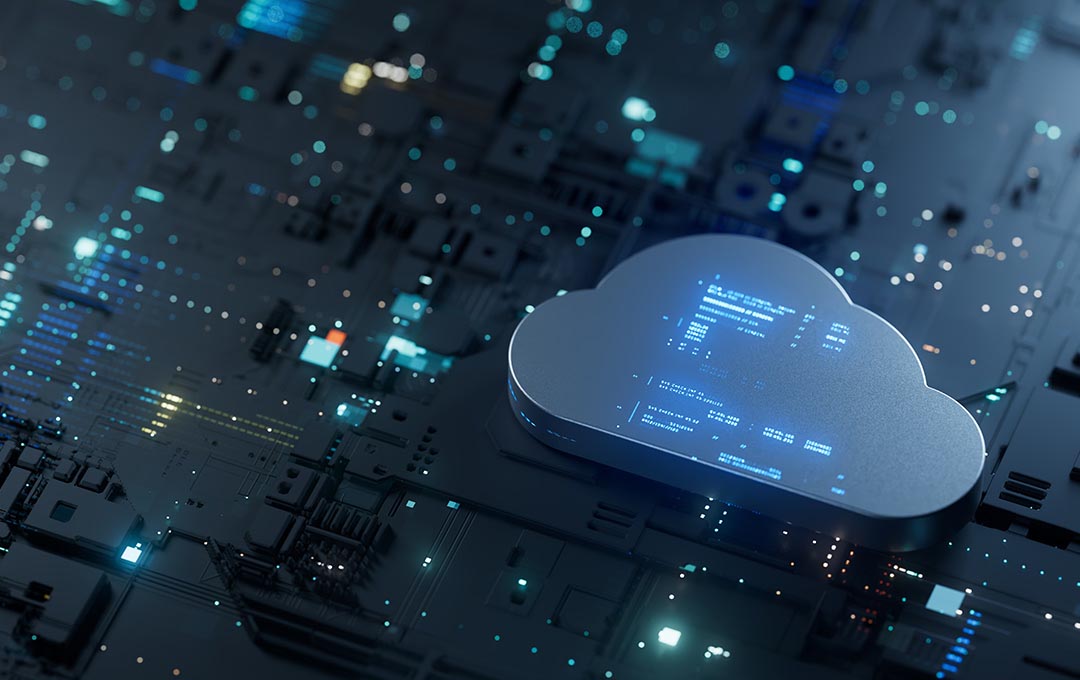 Digital cloud icon glowing above a circuit board, representing cloud computing, data storage, and connected technology.